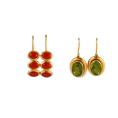 TWO PAIRS OF EARRINGS, set with coral and peridot, with shep...