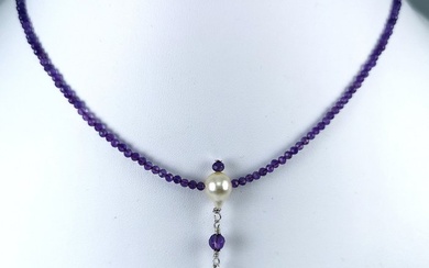 Tahiti & Southsea pearl drop shape - precious stones - Necklace Silver Pearl - Amethyst