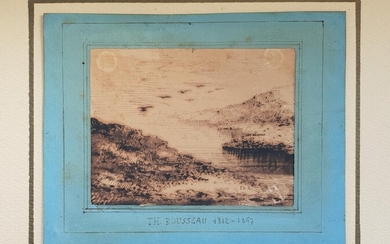 Théodore ROUSSEAU (1812-1867) Paysage aux oiseaux Encre sur papier, monogrammée en bas à droite. (pliures...