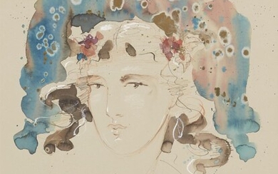 Theodoros Pantaleon, Greek b.1945- Portrait of a Young Woman; watercolour, gold paint, pastel and pencil on paper, signed lower right 'Th Pantaleon', 50 x 37.8 cm (ARR) Provenance: purchased directly from the artist in 1998