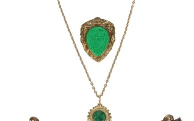 Three Gold Tone Green Stone Rhinestone Bracelet & Necklace & Brooch