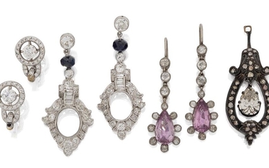 Three pairs of earrings and a diamond-set drop, the earrings comprising: a pair of Edwardian drop earrings with pear-shaped pink tourmaline and diamond cluster drops to millegrain-set old-brilliant-cut diamond three stone suspension, approx. length...
