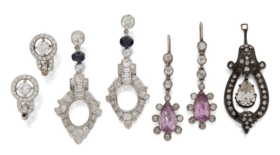 Three pairs of earrings and a diamond-set drop, the earrings comprising: a pair of Edwardian drop earrings with pear-shaped pink tourmaline and diamond cluster drops to millegrain-set old-brilliant-cut diamond three stone suspension, approx. length...