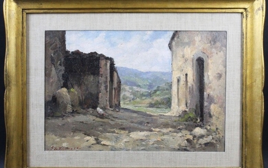 Tiepido sole-Mugello, olio su cartone, 33,5x46,5 cm, firmato e datato in basso a sinistra, entro cornice, Giulio Rontini da Vicchio (1925 - 2004)