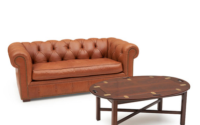 Tufted Leather Chesterfield-style Sofa and Chippendale-style Mahogany Tray Table, Baker...