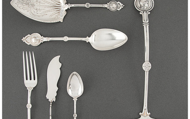 Twenty-Eight American Medallion Pattern Silver and Coin Silver Flatware Place and Serving Pieces by Various Makers