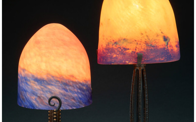 Two French Mottled Glass Shade on a Wrought Iron Table Lamp Bases