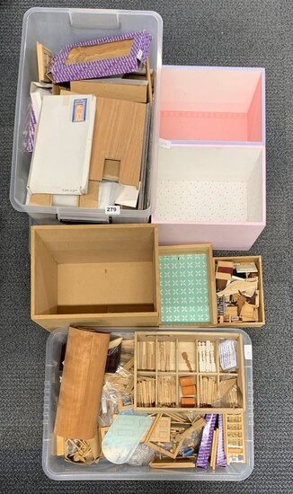 Two boxes of dolls house building items, including doors, windows, wooden panels, etc, three dolls house already made rooms and a box of dol