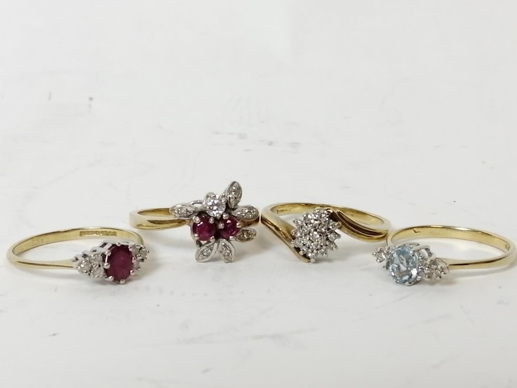 Two ruby and diamond rings, a diamond cluster ring and an aq...