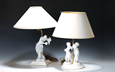 Two table lamps with Höchst porcelain, figurative porcelain on wood:...