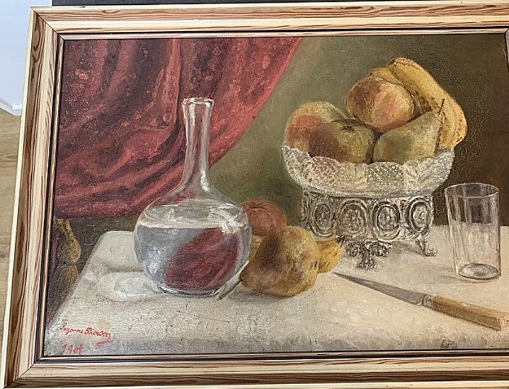 Unknown artist: Still life with fruits on a table. Indistinctly signed 1908. Oil on canvas. 37.5×54.5 cm. Frame size 43.5×62 cm.