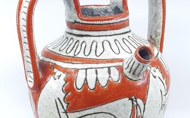VASE AMPHORE en céramique émaillée rouge et blanche à deux anses