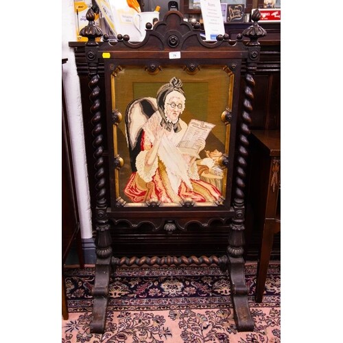 VICTORIAN MAHOGANY FIRE SCREEN WITH TAPESTRY INSERT