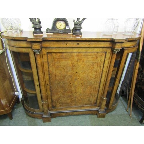 VICTORIAN WALNUT MARQUETRY CREDENZA, pair of curved glass si...