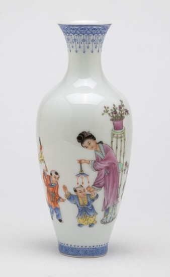 Vase - Famille rose - Porcelain - A Famille Rose Enamel ‘Egg Shell’ Porcelain Figural And Calligraphy Vase - China - Republic period (1912-1949)