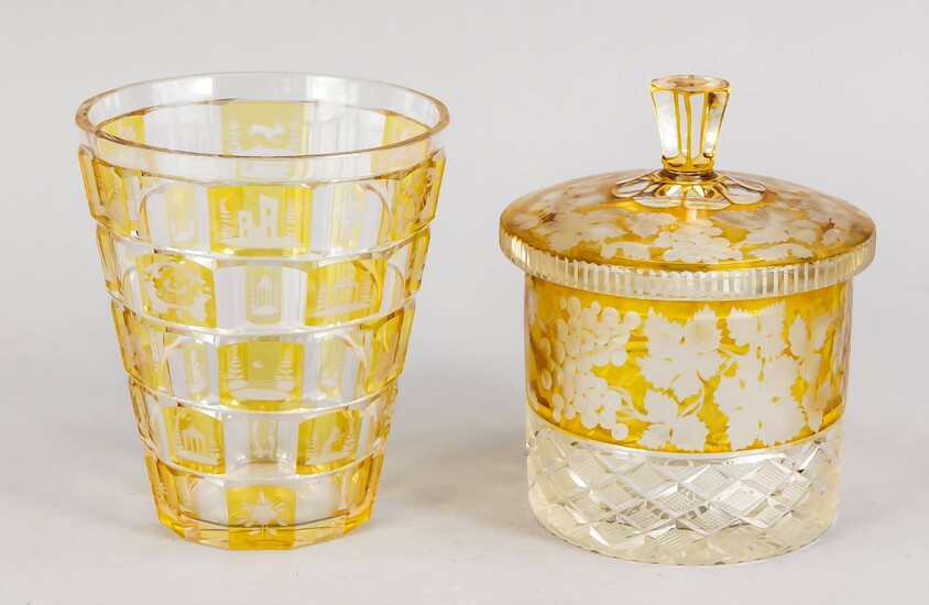 Vase and lidded box, 20th century, vase with conical body, box, cylindrical shape with domed lid, each clear glass, partly overlaid with yellow, with cut decor, h. up to 16 cm