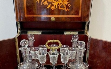 Veneered liqueur cellar with flower marquetry decoration and...