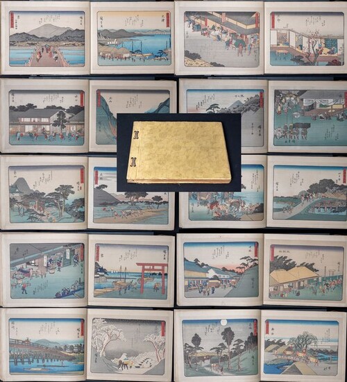 Very rare album of woodblock reprints (56) - Utagawa Hiroshige (1797-1858) - The complete series "Tôkaidô gojûsan tsugi" 東海道五十三次 (Fifty-three Stations of the Tôkaidô Road) - Japan - ca 1920