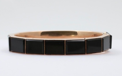 Victorian 14K Gold and Faceted Black Onyx Plaque Bangle, Hinged...