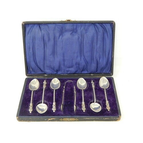 Victorian Set of 6 Apostle Spoons & Matching Sugar Tongs Hal...