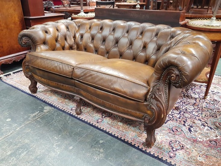 Victorian Style Brown Leather 2-Seater Chesterfield Style Lounge, with loose cushions, carved fascia & cabriole legs