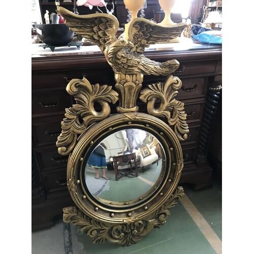Vintage Carved Wood Circular Concave Mirror with Eagle on To...