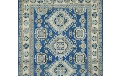 Vintage Look Kazak Pure Wool Hand Knotted Denim Blue