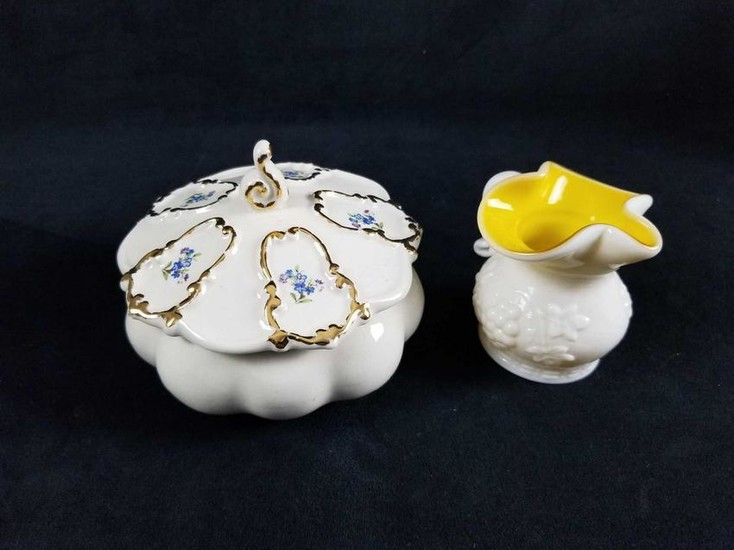 Vintage Porcelain Sugar Bowl With Top And Creamer