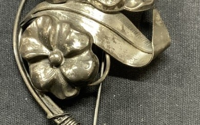 Vintage Sterling Silver Flower Brooch, 4.5 In