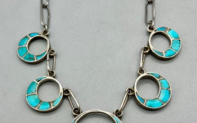 Vintage Turquoise And Sterling Silver Inlay Necklace