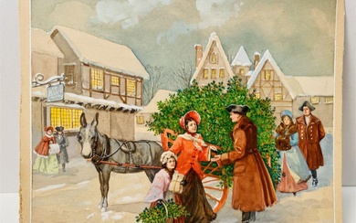 Watercolor vintage holiday scene