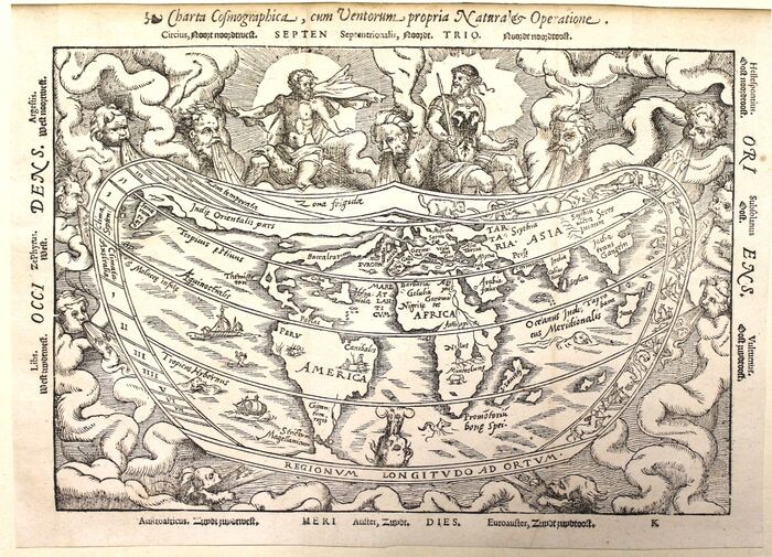 World map; Apian Peter / Frisius Gemma - Charta Cosmographica, Cum Ventorum Propria Natura et Operatione - 1521-1550