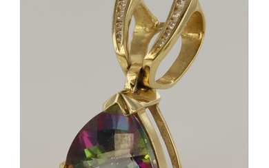 Yellow gold (tests 14ct) diamond and Mystic topaz pendant, o...