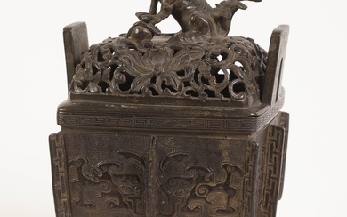 iGavel Auctions: Chinese Archaic Style Bronze Fangding Censer and Cover with Lion Form Finial ASW1B