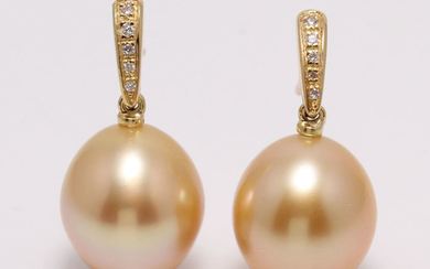no reserve - 14 kt. Yellow Gold - 11x12mm Golden South Sea Pearls - Earrings - 0.08 ct