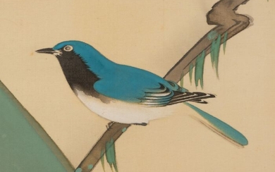 scroll painting - Glass, Silk - Takaki Yasunosuke - scroll - kakejiku with detailed painting of a bird on branch above a boisterous river - Japan - Taisho-early Showa period