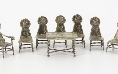 (-), zilveren miniatuur 8-delige eetkamerset bestaande uit 6...