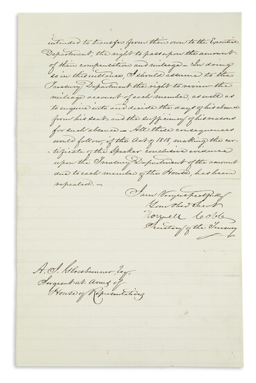 COBB, HOWELL. Letter Signed, as Secretary of the Treasury, to Sergeant at Arms...
