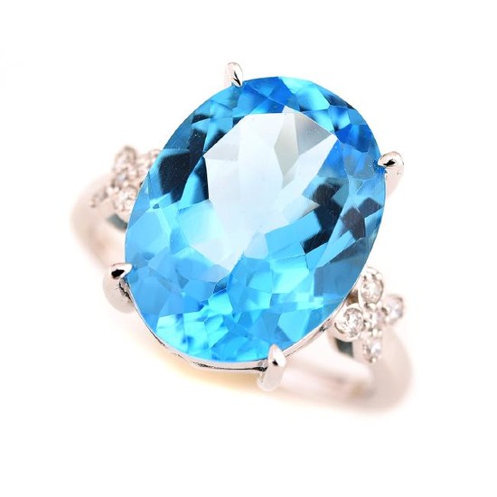 Blue Topaz, Diamond, 14k White Gold Ring.