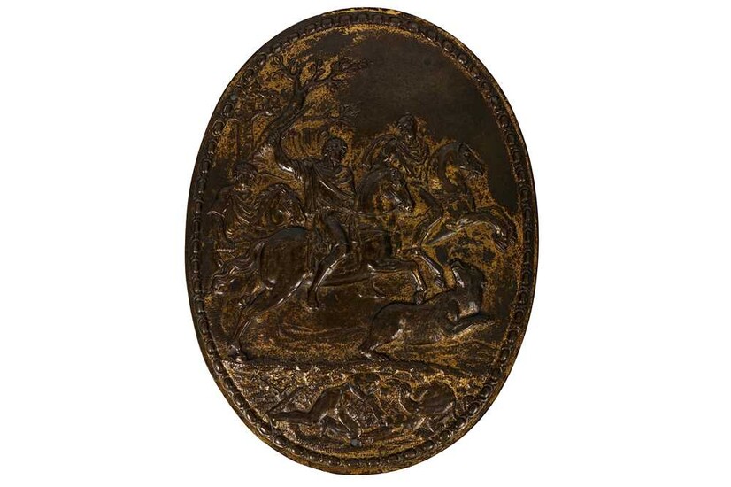 A late 17th/early 18th century Italian gilt bronze relief plaque of a mythological hunting scene