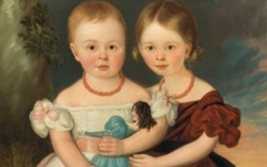 American School, 19th Century, A Portrait of Two Sisters with Doll and Coral Necklaces, circa 1830