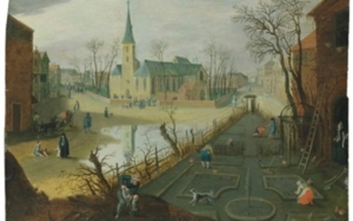 Attributed to Abel Grimmer (Antwerp c. 1570-1618/19), The Month of February: A village with peasants tending to their land, a church beyond