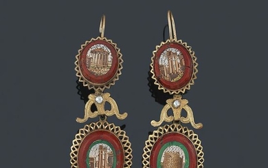 Long earrings with micro-mosaics in 18K yellow gold.