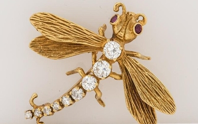 14K Yellow Gold Diamond & Ruby Dragonfly Brooch