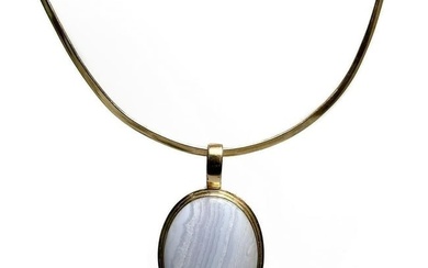 14k Yellow Gold Blue Lace Agate Pin Pendant Necklace
