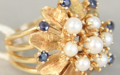 14k gold cocktail ring set with sapphires and pearls