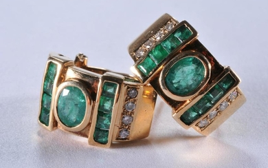 14k yellow gold, emerald, and diamond ladies' earrings.