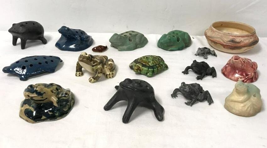 16 PIECES - FLOWER FROGS, POTTERY & METAL