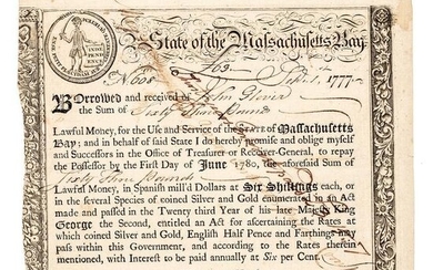 1777 GENERAL JOHN GLOVER Massachusetts Bond Form