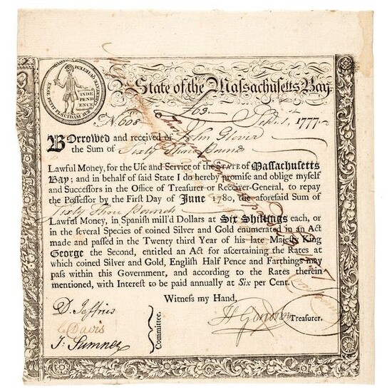 1777 GENERAL JOHN GLOVER Massachusetts Bond Form